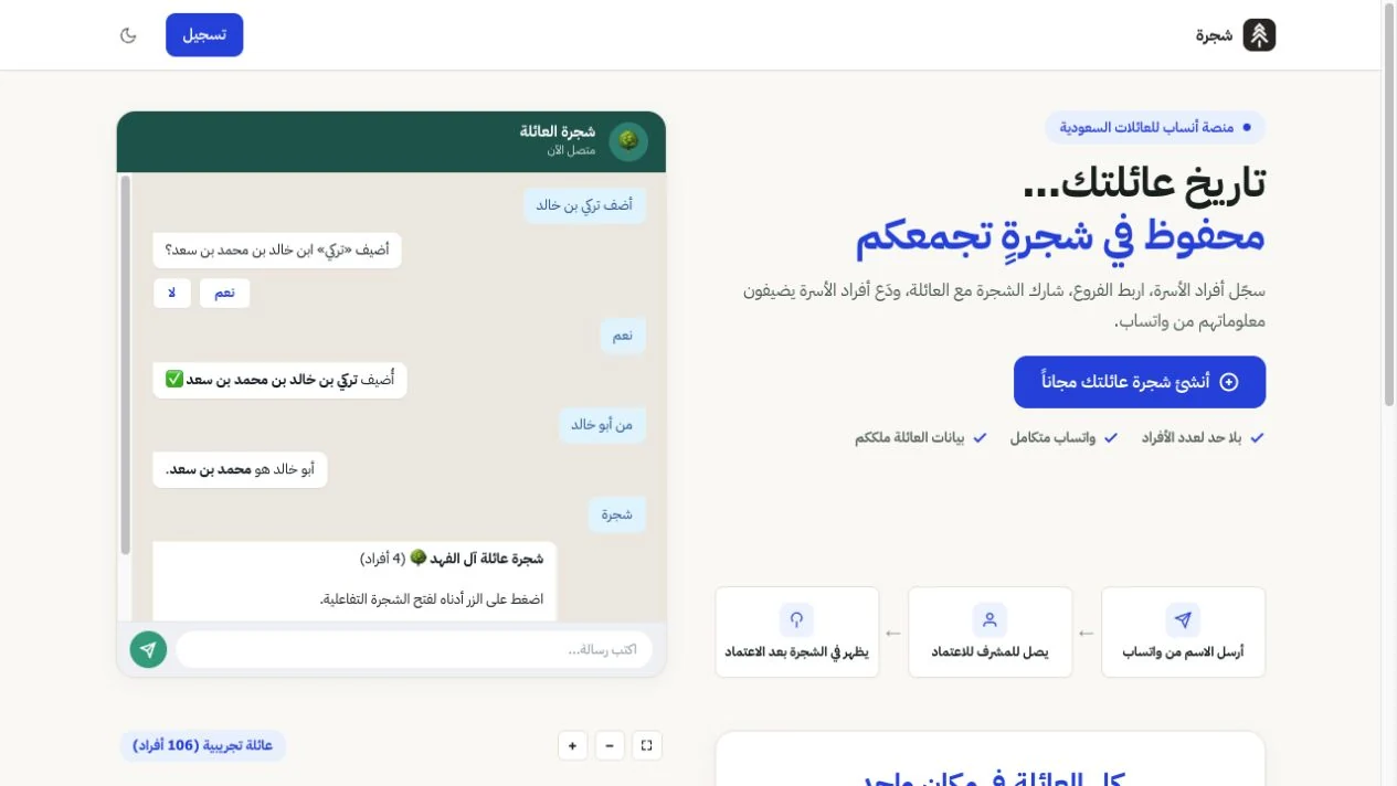 صفحة شجرة العائلة العامة، تعرض طريقة إضافة أفراد العائلة عبر واتساب ومراجعة المشرف.